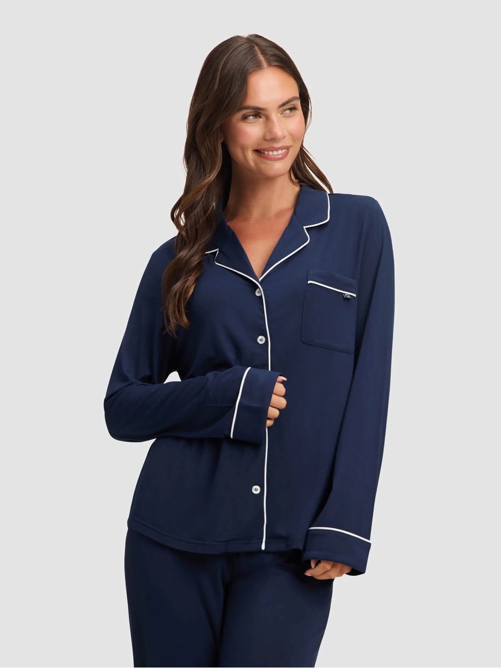 Cozy Earth Navy Blue Pajama Top White Piping Button Down Lounge Sleepwear
